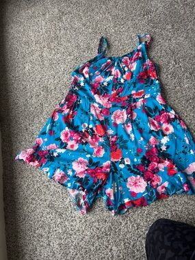 torrid Bright Blue Floral Romper with Pink & Fuchsia Blooms